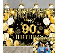 Happy 90th Birthday Backdrop Glitter Black and Gold 90th Birthday Photography Backdrop for Adult Fabulous 90 Bday Party Decoration Photo Booth Background 6x4ft