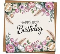 Happy 90th Birthday Card - Floral Square Greeting Card, 145mm x 145mm, Elegant Botanical Design, Blank Inside, Includes Kraft Envelope - For Mum, Dad, Grandma, Grandpa, Women or Men