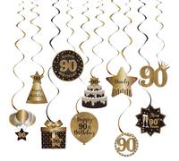 Happy 90th Birthday Party Hanging Swirls Streams Ceiling Decorations, Celebration 90 Foil Hanging Swirls with Cutouts for 90 Years Old Black and Gold Birthday Party Decorations Supplies