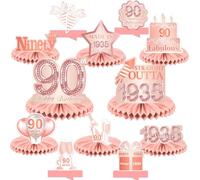 Happy 90th Birthday Rose Gold Table Honeycomb Centerpieces Balloons Theme Decor Table Decorations Table Toppers for Girls Women Sweet Princess 90 Years Old Pink Birthday Party Bday Supplies Ornament
