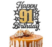 Happy 91st Birthday Cake Topper - Black and Gold Glitter Number Cake Topper - Number 91