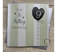 Happy 9th Pottery Anniversary Card. Stripes & Heart Balloon Design. Hand decorated with Glitter & Gems. (DH9)