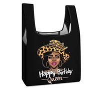 Happy African US Women Birthday Queen Funny Reusable Grocery Bag Printed Fold-able Shopping Bags Washable Tote Lightweight Storage Pouch with Handle