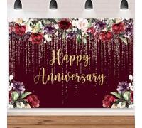 Happy Anniversary Backdrop Burgundy Pink Floral Party Decoration Banner | Couple Shining Flowing Curtain Engagement Wedding Marriage Happily Ever After Glitter Gold Anniversary Sign Background 7x5ft