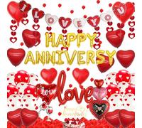 Happy Anniversary Balloon Banner Decorations - 75Pcs Red Wedding Anniversary Decoration Heart Hanging Bunting Garland, Valentine I Love You Banner Foil Balloons Party Supplies for Him Her