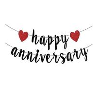 Happy Anniversary Banner, Wedding Banners and Decorations, Happy Anniversary Decorations for Room, HSC Glitter Black Text & Red Heart Design, DIY Hanging Garland for Wedding Party Celebration