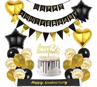 Happy Anniversary Banner Wedding Decorations - 26 Pcs Black Gold Anniversary Supplies Including Wedding Cake Topper Confetti Latex Balloons Love Balloon for Wedding Anniversary Decoration