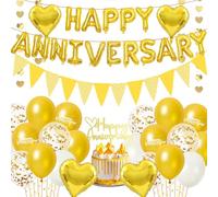 Happy Anniversary Banner Wedding Decorations - Gold Party Decoration Anniversary Balloon Garland, Pennant Cake Topper for Anniversary Ceremony Party Supplies