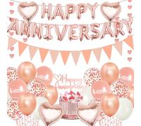 Happy Anniversary Banner With Rose Gold Party Decorations - Balloon Garland and Pennant Cake Topper for Wedding Ceremony Party Supplies