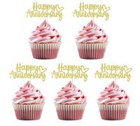 Happy Anniversary Cake Topper, 50th Wedding Anniversary Cake Toppers, Wedding Cake Topper, HSC 24Pcs Gold Glitter Pre-assembled Cupcake Toppers with Heart Design for Celebrations and Party Supplies