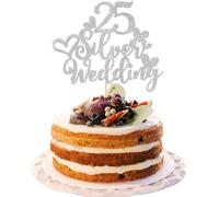 Happy Anniversary Cake Topper, Wedding Cake Topper, Wedding Cakes Decorations, HSC 25th Silver Anniversary Cakes Toppers, Silver Glitter Decor with Heart Design for 25 Year Celebration Party - 1PC
