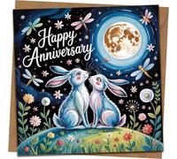 Happy Anniversary Card - 145 x 145mm Cute Rabbits Under Moon, Floral & Dragonflies Design, Romantic Greeting Card with Kraft Envelope for Wife, Husband, Couple, Sweet Anniversary
