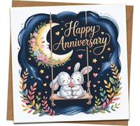 Happy Anniversary Card 145mm x 145mm - Cute Bunnies on Swing, Moon & Floral Design - Blank Inside, Romantic Greeting for Wife, Husband, Couple - Kraft Envelope Included