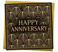 Happy Anniversary Card - Art Deco Black and Gold Design, Square 145mm x 145mm Greeting Card, Luxury Anniversary for Couples, Includes Gold Envelope