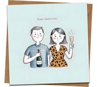 Happy Anniversary Card - Cute Couple with Champagne Illustration - 145mm x 145mm Square Greeting Card with Kraft Envelope - Celebration Love Card for Husband Wife Partner