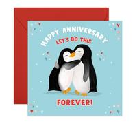Happy Anniversary Card for Him Her - ‘Let’s Do This Forever!’ - Romantic Love Card for Boyfriend, Girlfriend, Wife, Husband, Fiance, Spouse, Partner - Penguin Couple Hug - Comes with Fun Stickers