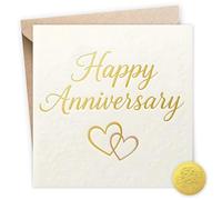 Happy Anniversary Card - Gold Foil Embossed Design with Sticker - Wedding Anniversary Card for Husband, Wife, Him, Her, Mum, Dad & Couples - 15x15 cm - Made in the UK