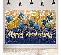 Happy Anniversary Decoration Banner, Party Backdrop Fabric Sign Poster, 10th 30th 45th 50th Wedding Anniversary Background, Blue and Gold Backdrop, 150 cm x 90cm