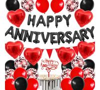 Happy Anniversary Decorations, 48Pcs Black Red Romantic Wedding Decoration Set with Heart Foil Balloon, Confetti Latex Balloons for Valentines Day Proposal Confession Wedding Anniversary Party