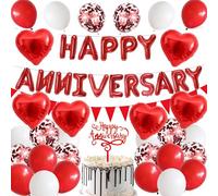 Happy Anniversary Decorations, 48Pcs Red Romantic Wedding Decoration Set with Heart Foil Balloon, Confetti Latex Balloons for Valentines Day Proposal Confession Wedding Anniversary Party