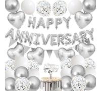 Happy Anniversary Decorations, 48Pcs Silver Romantic Wedding Decoration Set with Heart Foil Balloon, Confetti Latex Balloons for Valentines Day Proposal Confession Wedding Anniversary Party