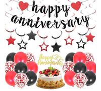 Happy Anniversary Decorations Banner Balloon - Including 28 Pcs Black Red Banners Cake Topper Confetti Latex Balloons for Men Women Wedding Anniversary Party Decoration Supplies