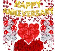 Happy Anniversary Decorations, Red Romantic Wedding Decoration Set with 1000Pcs Rose Petals, Heart Foil Balloon, Heart-Shape Swirl, Confetti Latex Balloons for Valentines Day Proposal Confession