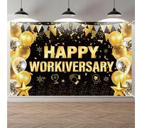 Happy Anniversary Party Decorations Backdrop - 180 * 110cm Gold Black Glitter Happy Workiversary Background Party Supplies for Retirement Leaving Work Office Worker Appreciation Decor
