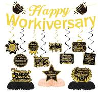 Happy Anniversary Party Decorations Gold - 13 Pcs Black Glitter Happy Workiversary Banners Hanging Swirls Decorations Honeycomb Centerpieces Party Supplies for Work Office Worker Appreciation Decor