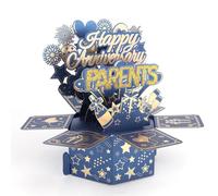 Happy Anniversary Pop Up Card, Funny 3D Wedding Anniversary Card for Mum and Dad with Envelope Blue Gold Foldable Gift Decoration Box for Women Men Wife Husband Couples Parents