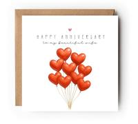 Happy Anniversary to My Beautiful Wife Card, Heart Balloon Design, 148 x 148 mm, 300 gsm, Kraft Envelope Included
