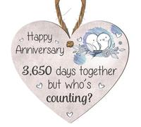 Happy Anniversary Wooden Heart Plaque - "3,650 Days Together But Who's Counting?" | Perfect 10-Year Anniversary | MDF Wood | 10cm x 9cm