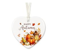 Happy Autumn Decorations Ceramic Heart Plaque, Autumn Decor Gifts Double Sided Printed Leaves, Pumpkins, Maple Accessories for Home Thanksgiving