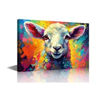 Happy Baby Sheep with Color Splash Prints Artwork Canvas Wall Art for Living Room Wall Decor Animal Wallpaper Oil Paintings Framed Prints 36"Wx24"H