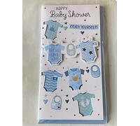 Happy Baby Shower Enjoy Yourself! Bet You Can't Wait! Baby Shower Card New Baby Boy White/Blue Baby Clothes 3D/Foil Detail(PRELUDE49757)