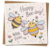 Happy Bee-day Birthday Card - Cute Bees Pun, 145mm x 145mm Square, Includes Kraft Envelope