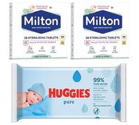 Happy Bees Baby Bundle Milton Sterilising Tablets 28's Twin Pack Plus Huggies Unperfumed Pure Water Baby Wipes 56's