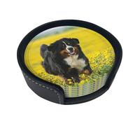 Happy Bernese Mountain Dog,Set of 6 Round Coasters, Pu Leather Drinks Coasters with Holder for Home Office Kitchen