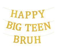 Happy Big Teen Bruh Banner, Gold Glitter 13th Birthday Party Decoration Pre-Strung Creative Fun Teen Birthday Banner Sign for Girls & Boys 13 Year Old Party Decor Supplies