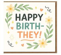 Happy Birth-They Birthday Card - Cute Floral Non-Binary They/Them Inclusive Pun, Daisies and Hearts Design for Friend or Loved One