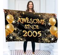 Happy Birthday 20th Banner - Birthday Decorations - Awesome Since 2005 Birthday Backdrop - Bday Banner Background 5ft x 3ft / 150x90 cm with 4 brass holes (Black & Gold)