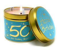Lily Flame 'Happy Birthday 50' Tin Candle - Contented Powdery Floral Scent in Regal Blue and Silver - Cruelty Free and Vegan Friendly