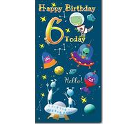 Happy Birthday 6 Today - 6th Greeting Card with Lovely Verse - Outer Space Dinosaur Astronauts, Aliens, UFO, Planets & Stars - Wee Nippers by Cardigan Cards