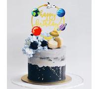 Happy Birthday Acrylic Cake Toppers for Outer Space Theme Birthday Party Decorations, Rocket Galaxy Planet Cake Toppers for Kids