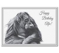 Happy Birthday Alfie - Premium quality - Birthday card with name supplied pre-printed - Superior printing of an Orangutan - Unique design - Exclusive Elegant Special