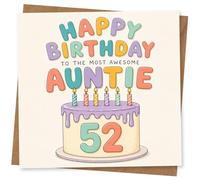 Happy Birthday Auntie Card, Cute Colourful Cake Design for Aunt, Age 52 Birthday Greeting Card
