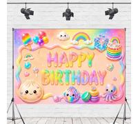Happy Birthday Backdrop - 3D Inflated Rainbow Candyland with Cute Bao Bun & Octopus, Puffy Cartoon Party Decor Banner Photo Booth Props for Kids Girls (5 X 3 Feet)