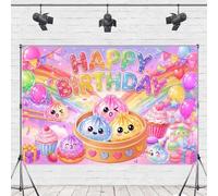Happy Birthday Backdrop - 3D Inflated Rainbow Glitter with Cute Bao Bun Dim Sum in Steamer, Puffy Cartoon Party Decor Banner Photo Booth Props for Kids，5 X 3 Feet