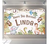 Happy Birthday Backdrop Background Banner Personalised Animal jungle trees Sign Poster Fabric Party Decoration Supplies Kids Baby Children-1st 2nd 3rd 4th 5th…