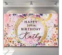 Happy Birthday Backdrop Background Banner Personalised flower pink girl woman children kids Poster Fabric Cloth Curtain Party balloon star Decorations-18th 20th 30th 40th 50th 60th
